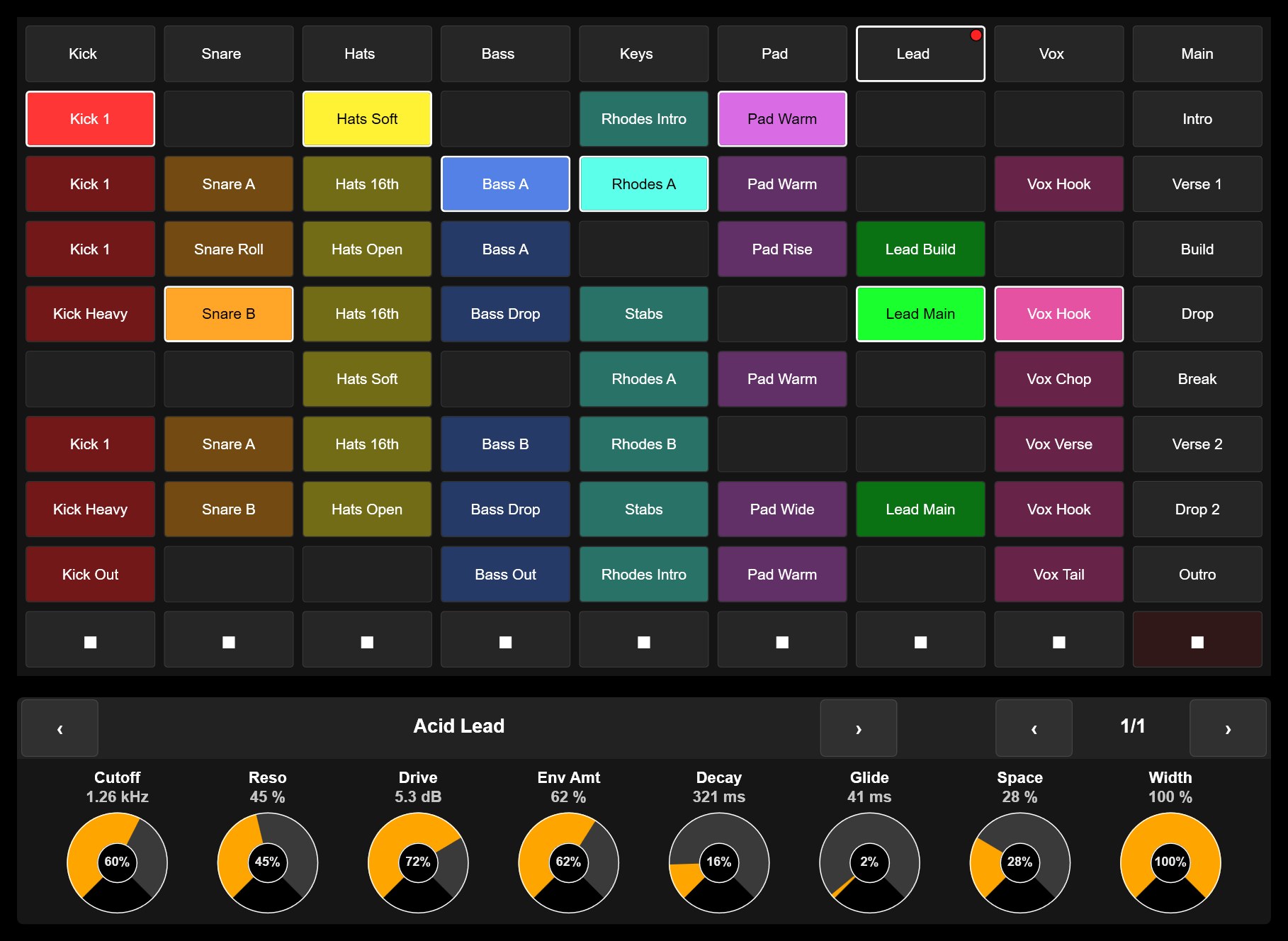 Zonea surface: clip grid with the real clip names and colours and the Device Panel showing the Acid Lead rack with its eight macros
