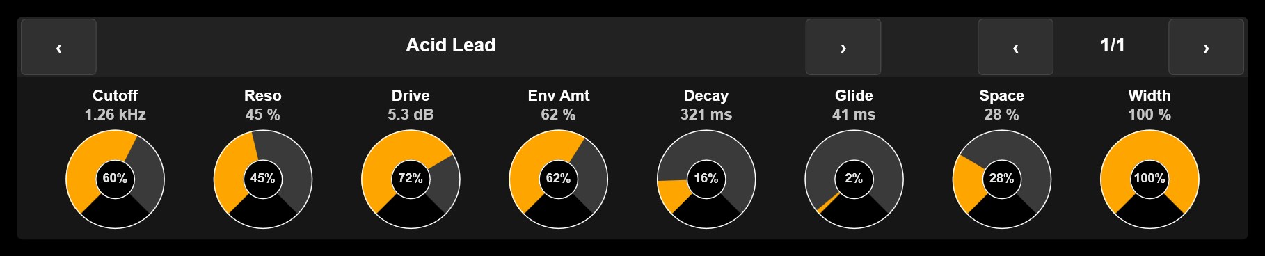Device Panel: Acid Lead, page 1/1, eight knobs with Cutoff 1.26 kHz, Reso 45 %, Drive 5.3 dB, Env Amt 62 %, Decay 321 ms, Glide 41 ms, Space 28 % and Width 100 %